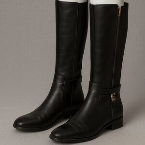 Michael Kors Black Leather Knee-High Riding Boots with Gold Trim